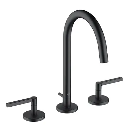 Schwarze Kludi Waschtischarmatur mit einem hohen, gebogenen Auslauf und zwei separaten Griffen für die Einstellung von Wasser und Temperatur. Dreilochmontage.